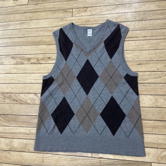 GAP Argyle Sweater Vest Wool Blend Men S Gray Brown Knit V Neck Pullover S 38" - Picture 15 of 16